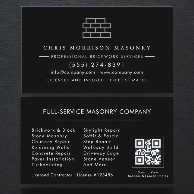 Carte De Visite Modern Bricklayer Brick Masonry Company QR Code (Créateur téléchargé)