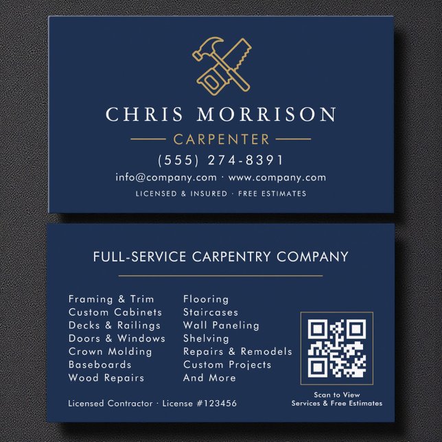Carte De Visite Modern Carpenter Navy Blue Gold QR Code (Créateur téléchargé)