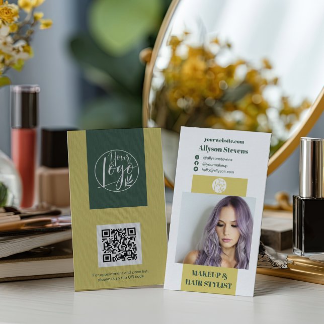 Carte De Visite Modern Citrus Green Hair Stylist QR code Logo (Modern Citrus Green Hair Stylist QR code Logo Business Card)