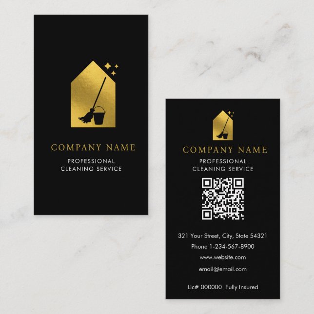 Carte De Visite Modern Cleaning Cleaner Service Logo Gold QR Code (Devant / Derrière)
