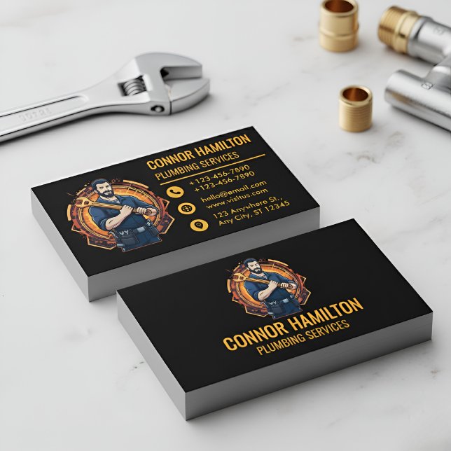 Carte De Visite Modern Cool Cartoon Plumber Blue Orange (Créateur téléchargé)