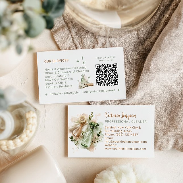 Carte De Visite Modern Eco Cleaner Housekeeping QR Code Minimal (Modern Eco Cleaner Housekeeping QR Code Minimal Business Card)