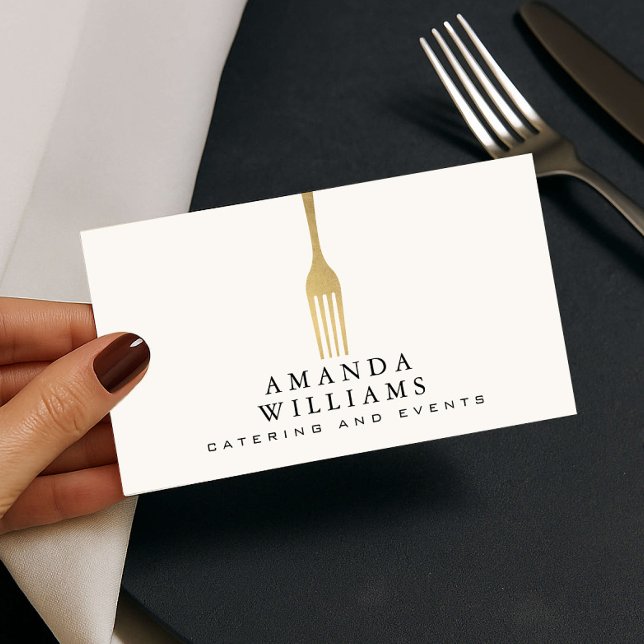 Carte De Visite Modern Faux Gold Fork Catering Logo Ivory (Créateur téléchargé)