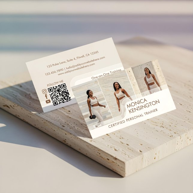 Carte De Visite Modern Fitness Coach Personal Trainer Photo Layout (Modern Fitness Personal Trainer Three Photo Layout Business Card)