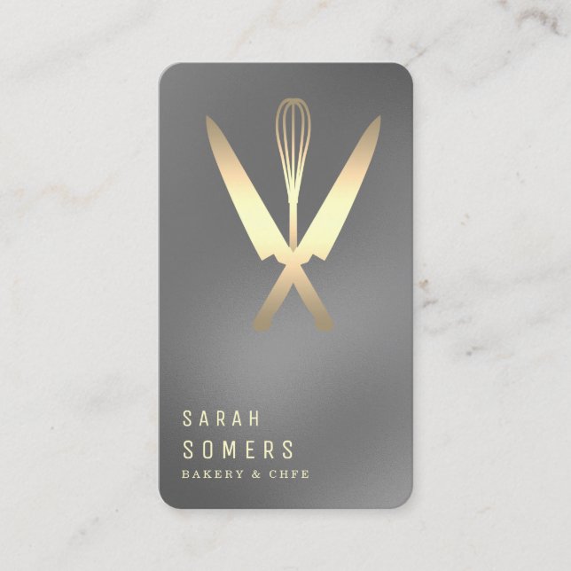 Carte De Visite Modern Gold Glitter Knife & Whisk Bakery (Devant)