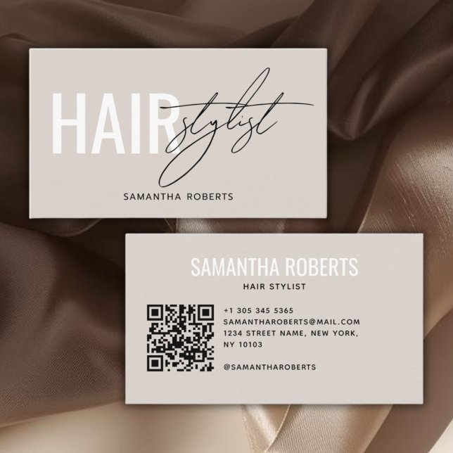Carte De Visite Modern hair stylist QR Code beige (Créateur téléchargé)