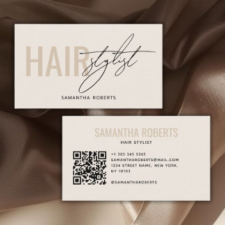 Carte De Visite Modern hair stylist QR Code cream