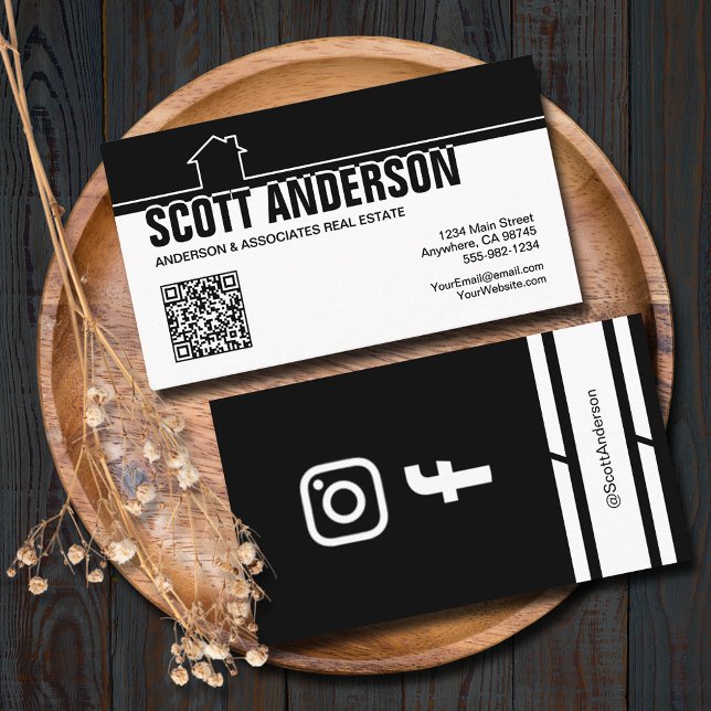 Carte De Visite Modern Home Logo Social Media QR Code Black (Home logo QR Code social media black-white business cards - real estate, cleaning, construction)