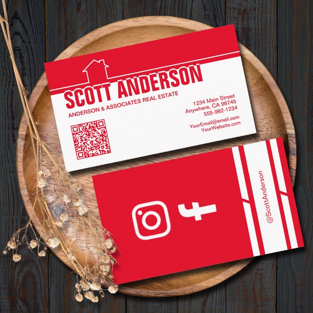 Carte De Visite Modern Home Logo Social Media QR Code Red (Home logo QR Code social media red-white business cards - real estate, cleaning, construction)