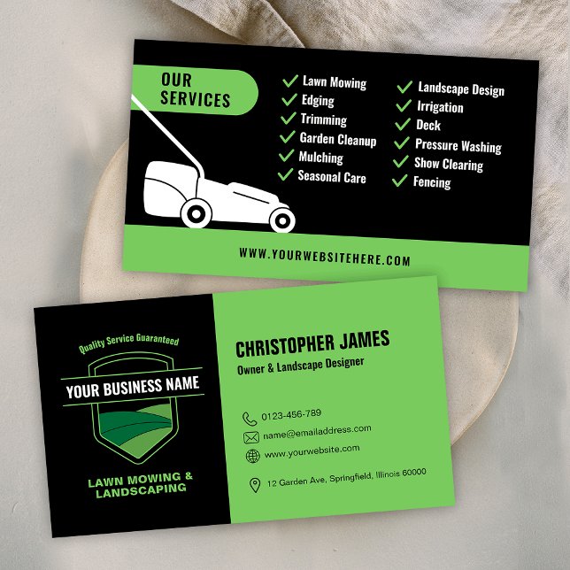 Carte De Visite Modern Landscaping Lawn Mowing Black & Green (Modern Landscaping Lawn Mowing Black & Green Business Card)