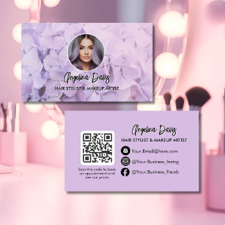 Carte De Visite Modern makeup floral purple photo qr code