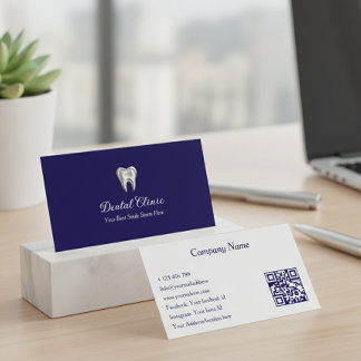 Carte De Visite Modern Navy Blue Dental Clinic QR Code Dentist