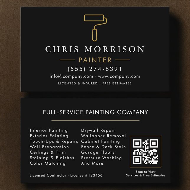Carte De Visite Modern Painter Black Gold QR Code (Créateur téléchargé)