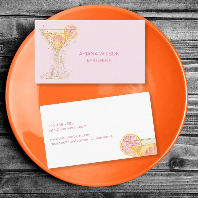 Carte De Visite Modern Pink Bartender Cocktail Bow Bar Club Event (YELLOW COCKTAIL IN MARTINI GLASS ON A BLUSH PINK BACKGROUND BARTENDER BUSINESS CARD)
