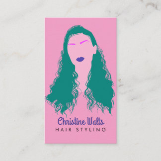 Carte De Visite Modern Pink Turquoise Hair Styling Flat Design QR