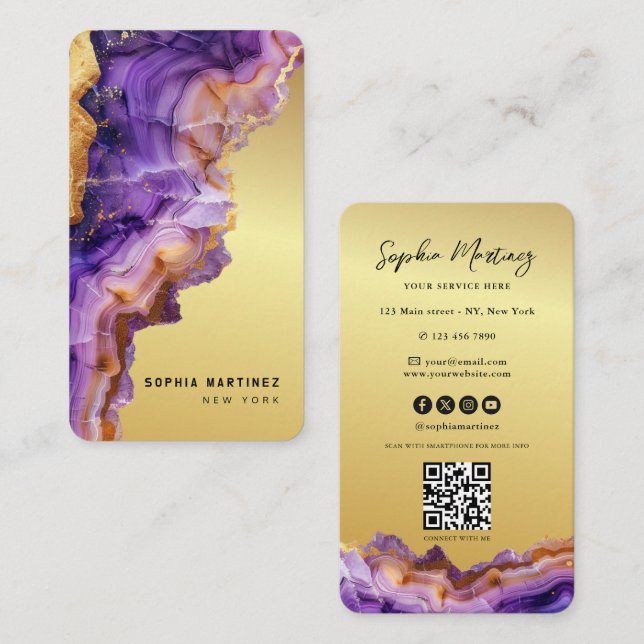 Carte De Visite Modern Purple Agate gold marble & QR Code Logo (Devant / Derrière)