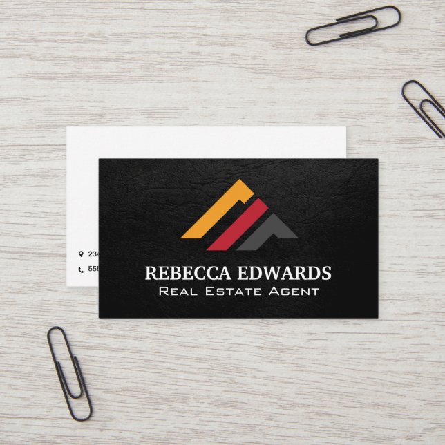 Carte De Visite Modern Real Estate Logo | Black Texture (Devant/Arrière en situation)