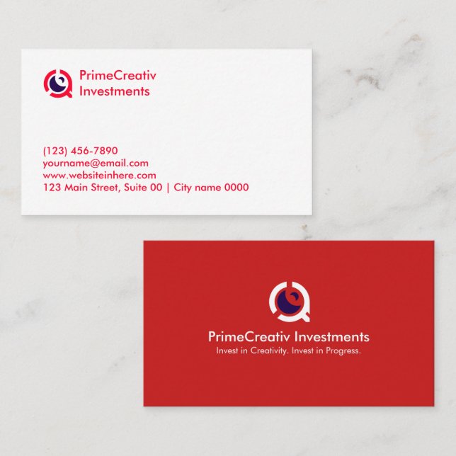 Carte De Visite Modern Red Corporate PrimeCreative Investments (Devant / Derrière)