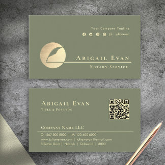 Carte De Visite Modern Sage Green Gold Feather Logo Notary Service