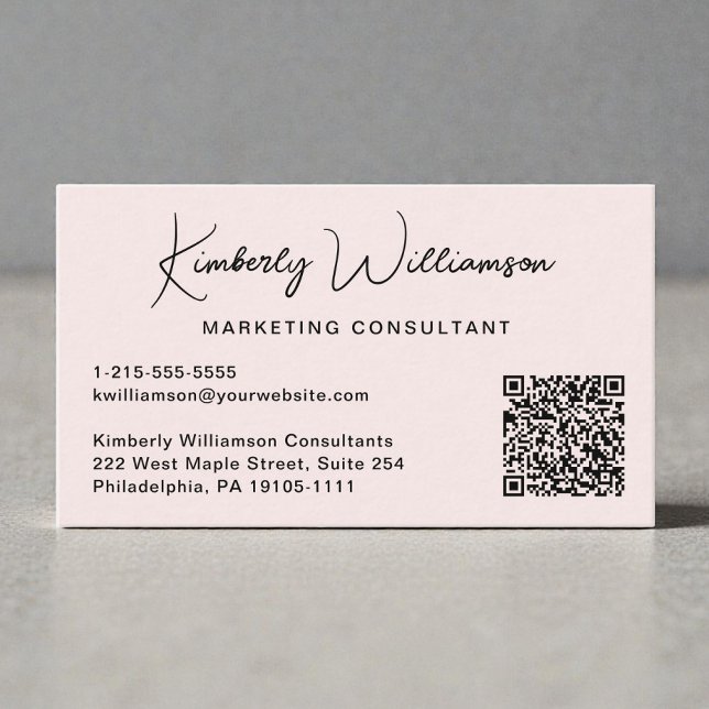 Carte De Visite Modern Script QR Code Professional Pink (Modern Script QR Code Professional Pink Business Card)