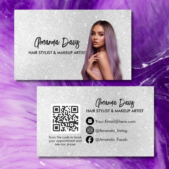 Carte De Visite Modern Silver Makeup Photo QR Code Logo (Créateur téléchargé)