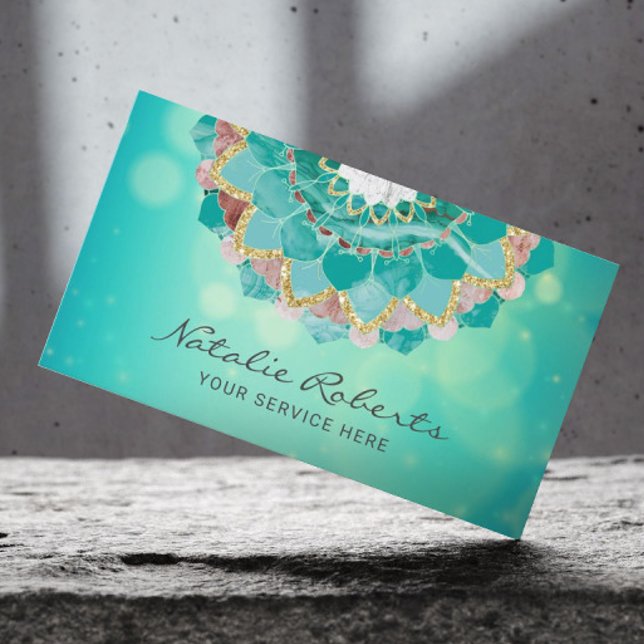 Carte De Visite Modern Teal & Gold Mandala Flower Spa Salon (Créateur téléchargé)