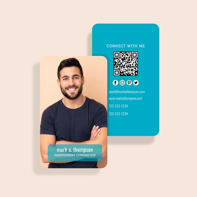 Carte De Visite Modern Teal Photo QR Code Connect With Me (Modern teal QR code card with photo and clean minimalist contact layout)