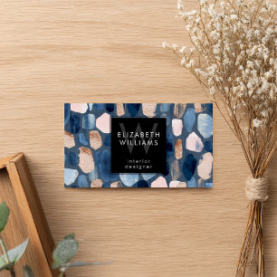 Carte de visite moderne à monogramme bleu rose or