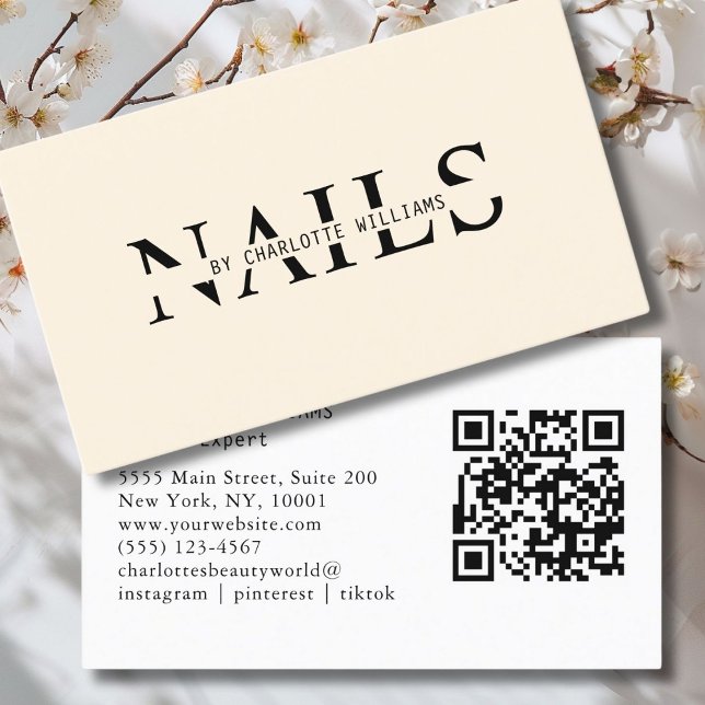 Carte De Visite Moderne, Beige, Code QR (Modern, Beige, QR Code Business Card. Perfect for Beauty, Nails, Lashes, Hair experts and more.)