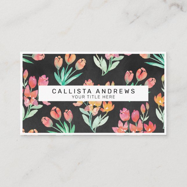 Carte De Visite Moderne Black Orange Rouge Tulips Floral Aquarelle (Devant)