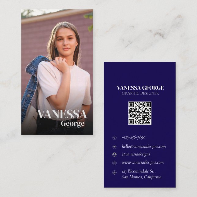 Carte De Visite Moderne bleu QR Code Photo personnalisée Professio (Devant / Derrière)