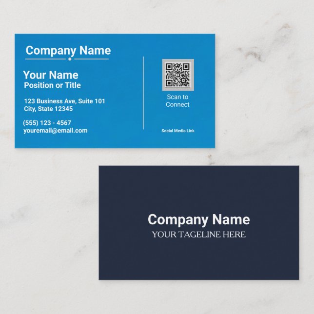 Carte de visite moderne bleue avec code QR (Devant / Derrière)