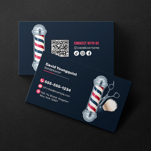 Carte De Visite Moderne Blue Barbershop Coiffeur Styliste QR code