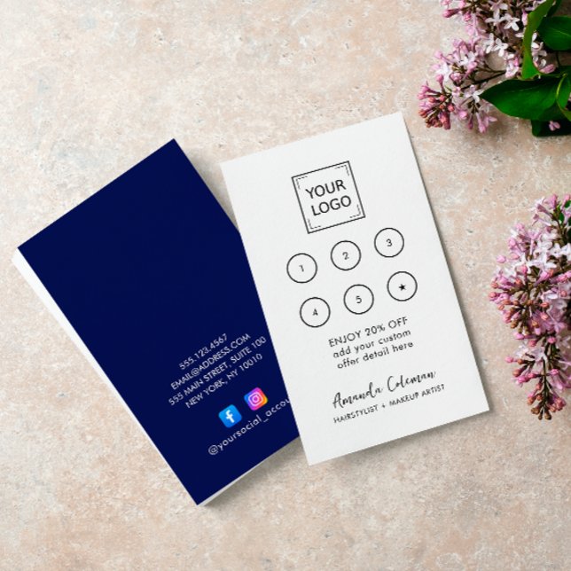 Carte De Visite Moderne Business Reward 6 Punch Logo blanc BLUE (Blue and WHITE MINIMAL 6 PUNCH LOYALTY CARD WITH SPACE FOR YOUR LOGO AND SIGNATURE NAME. )