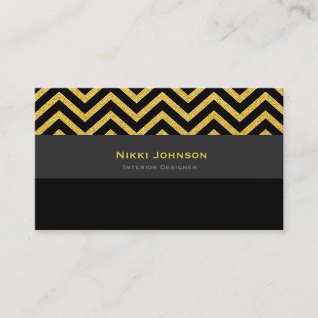 Carte de visite moderne Chevron Black & Gold Glam (Devant)