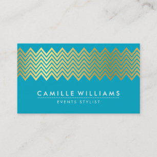Carte De Visite MODERNE CHEVRON motif feuille or bleu turquoise