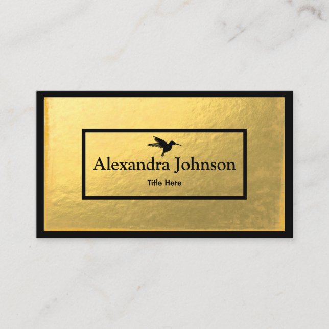 Carte De Visite Moderne Chic Noir Humming Oiseau Faux Gold Foil (Devant)