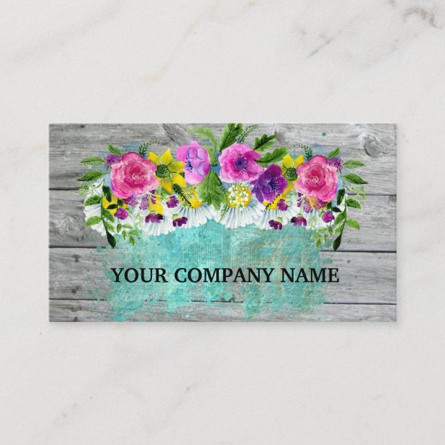 Carte De Visite Moderne Design Bois Floral Turquoise Aquarelle Bu (Devant)