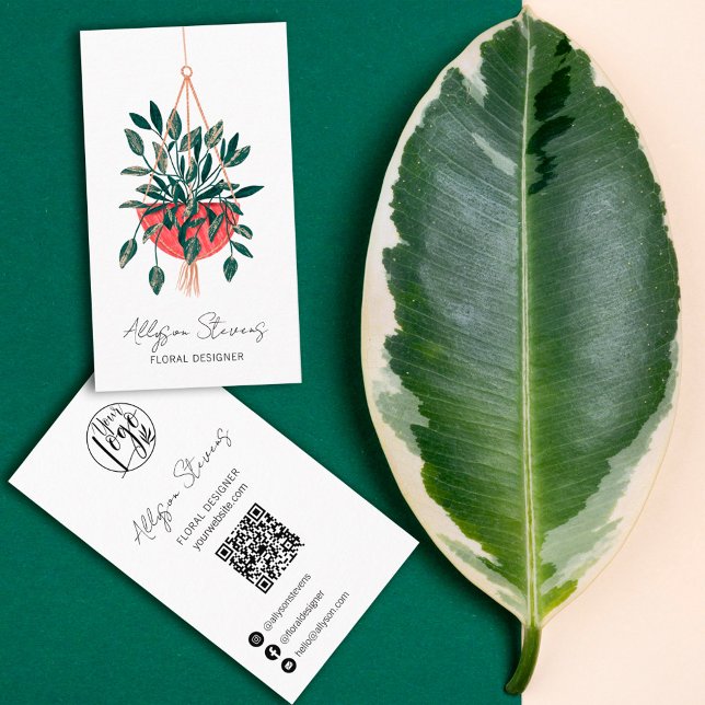 Carte De Visite Moderne design floral maison plante logo qr code (Créateur téléchargé)