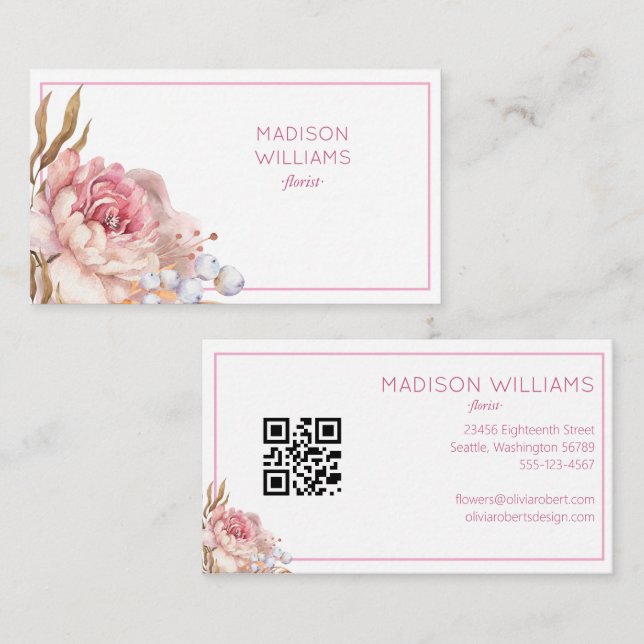 Carte De Visite Moderne Elégant aquarelle Floral Florist Code QR (Devant / Derrière)