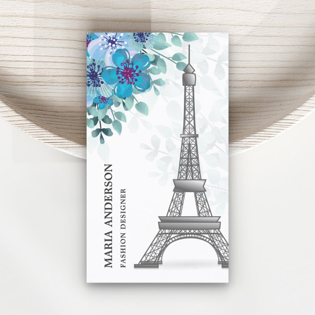 Carte De Visite Moderne Elégant Bleu Chic Floral Paris Tour Eiffel (Créateur téléchargé)