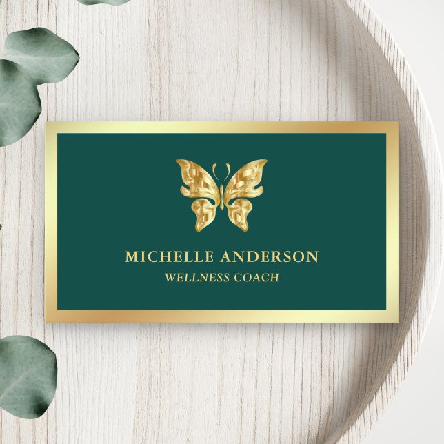 Carte De Visite Moderne Elegant Chic Green Gold Papillon à huile (Créateur téléchargé)