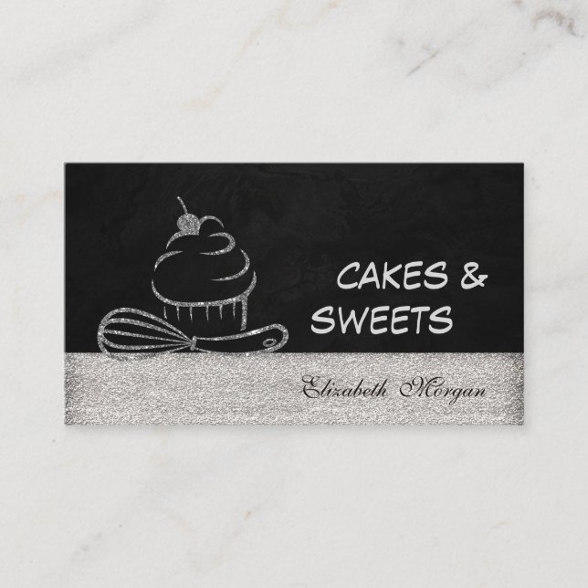 Carte De Visite Moderne Élégant élégant Silver Glittery Cupcake (Devant)