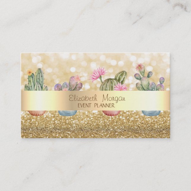 Carte De Visite Moderne Elegant Glittery Bokeh Succulents (Devant)