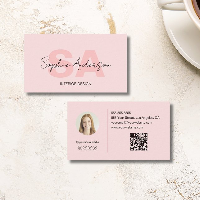 Carte De Visite Moderne Élégant Monogramme rose (Modern Elegant Monogram Blush Pink Business Card)