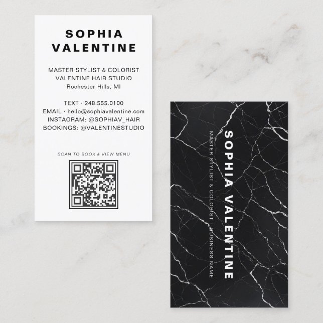 Carte de visite moderne en marbre noir avec code Q (Devant / Derrière)