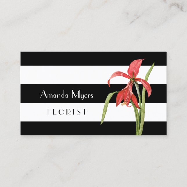 Carte De Visite Moderne Floriste Noir Grandes Blancs Avec Amarylli (Devant)