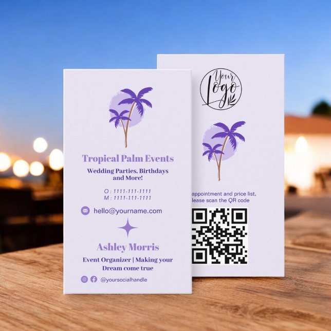 Carte De Visite Moderne lavender événement planner photo qr code l (Modern lavender event planner photo qr code logo business card)