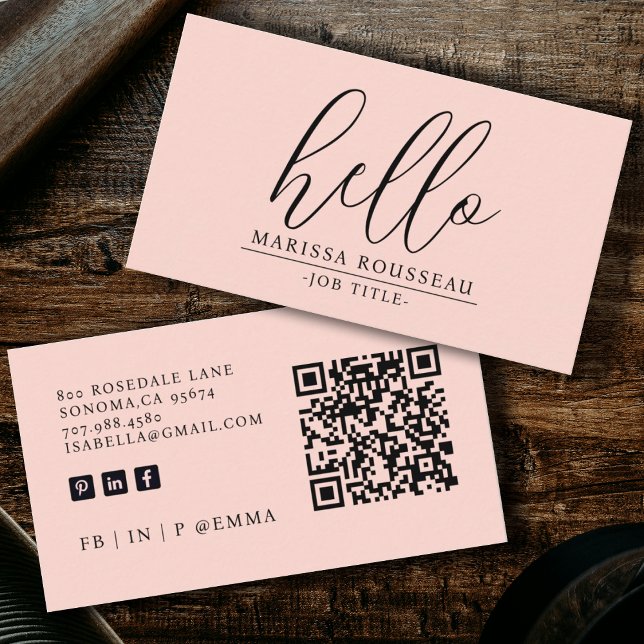 Carte De Visite Moderne minimaliste rose pâle Hello QR Code (Créateur téléchargé)