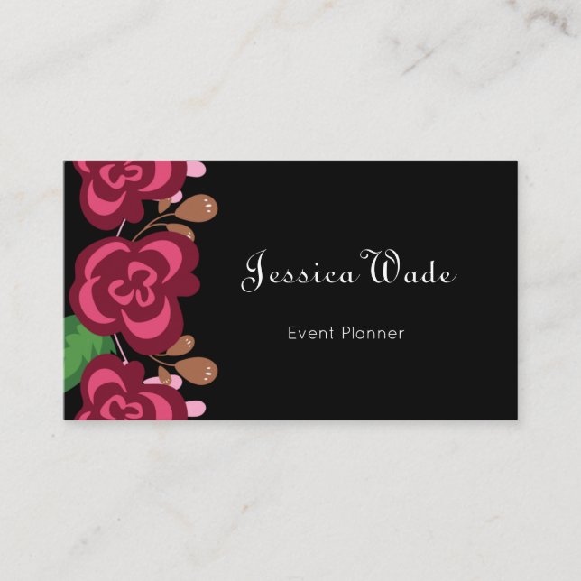 Carte De Visite Moderne Personnalisé Floral Roses Rouge Noir (Devant)
